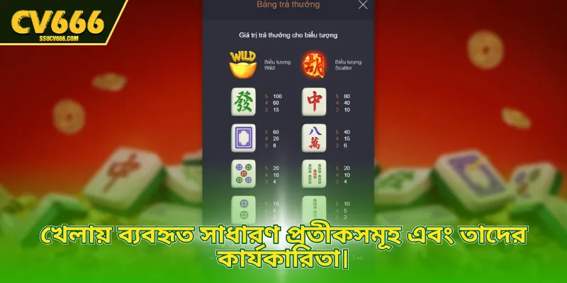 খেলায় ব্যবহৃত সাধারণ প্রতীকসমূহ এবং তাদের কার্যকারিতা।